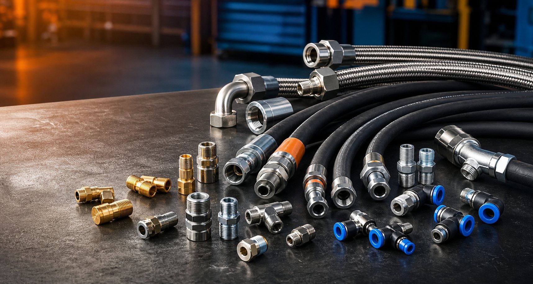 Hydraulic hoses, metallic hoses, fittings, and pneumatic connectors
